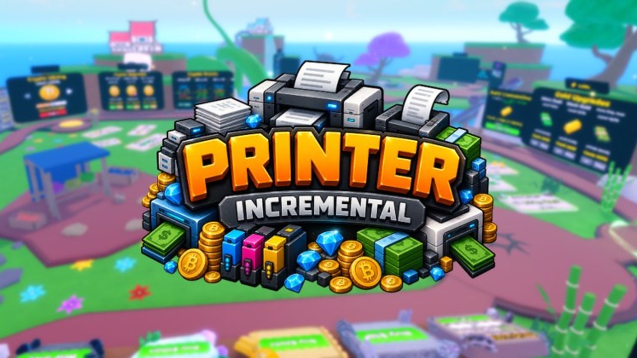 Printer Incremental Roblox island with stacked printers, cash, coins, and the game logo